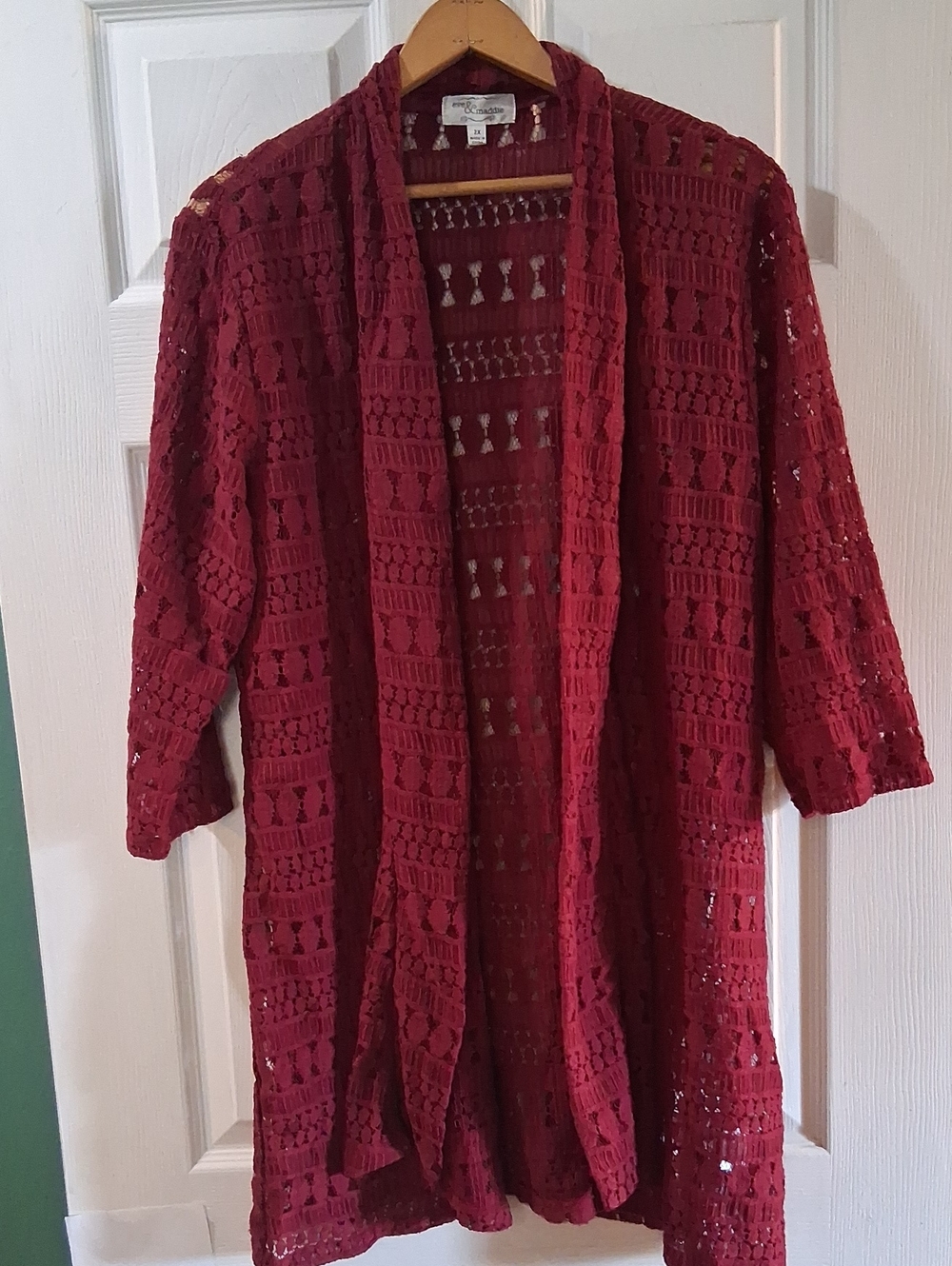 Crochet Lace Open-Front Cardigan Sweater - Wine Red
